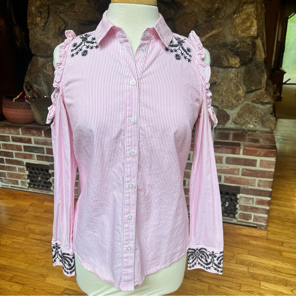 Nanette Lepore Pink Pin Striped Button Down with Black Embroidery